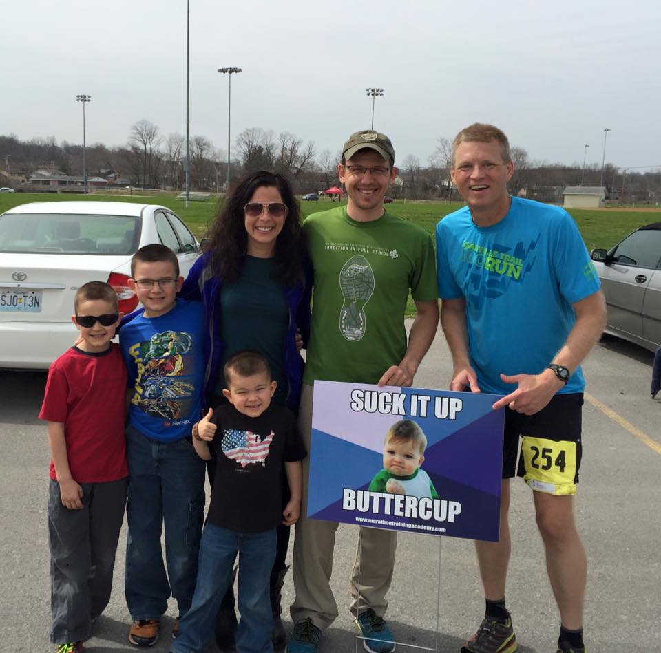 Angie, Trevor and kids with Eric Strand at his 24 hour race in Cape Girardeau, Missouri. 