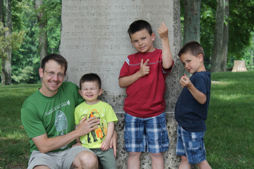 Trevor and the boys at a Civil War monument in Kentucky