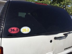 How we get to most marathons. I've tried telling Angie that two 26.2 stickers is redundant.