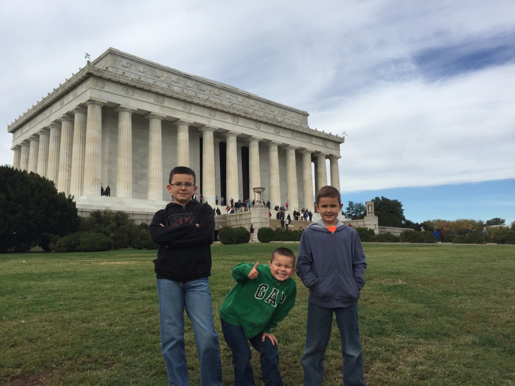 Lincoln Memorial, Washingtion D.C.  Liam has perfected the squatting thumbs up for this occasion.  